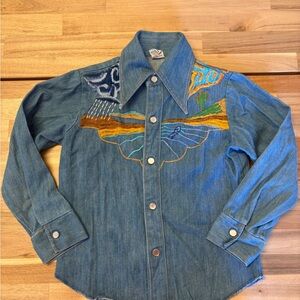 Vintage Mambro 100% Cotton Blue Embroidered Kids Denim Jacket - Western Motif 6X